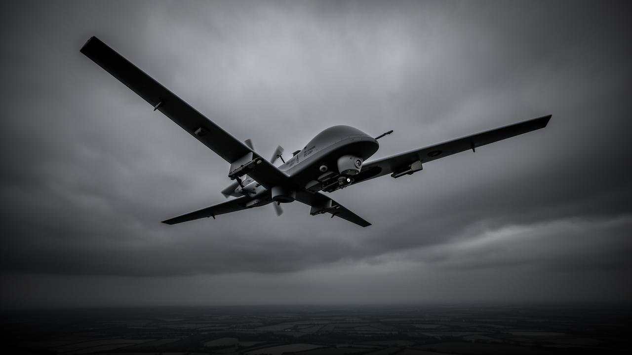 Military surveillance drone in flight above a defence mission profile