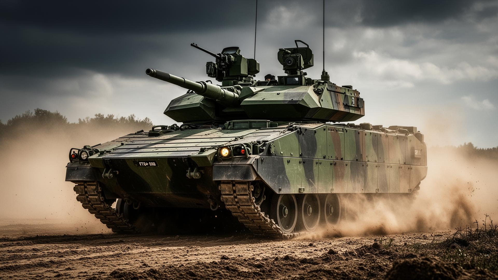 Tracked infantry fighting vehicle positioned in a live military exercise setting